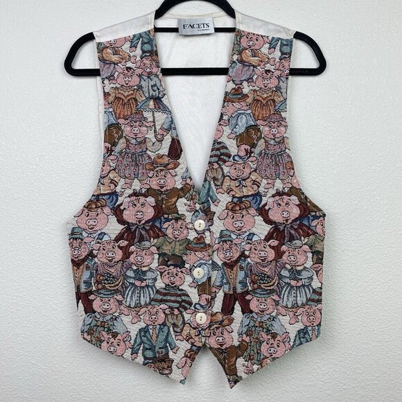 Facets Other - Vtg Facets By Mirrors Men's Medium Pig Print Tapestry Vest Quirky Piggy Button